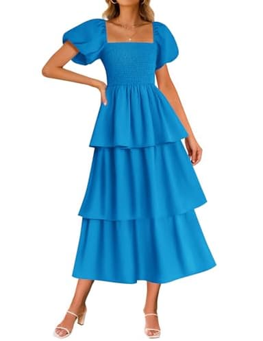 ZESICA Women's 2025 Summer Boho Midi Dress Short Puff Sleeve Flowy A Line Tiered Beach Vacation Long Dresses,Blue,X-Large - Image 1