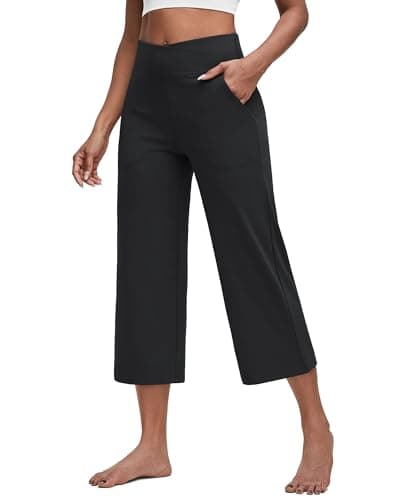 G4Free Capri Pants for Women Wide Leg Yoga Crop Pants with Pockets Cross Waist Stretch Dress Capris for Casual Workout(Black,S,23") - Image 1