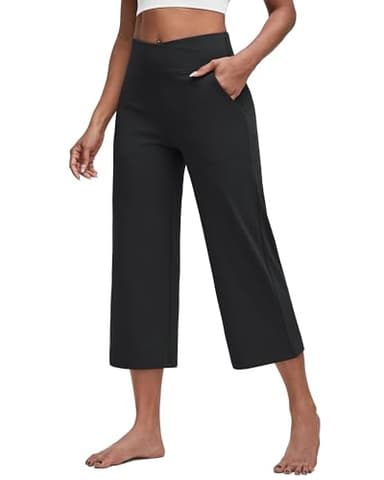 G4Free Capri Pants for Women Wide Leg Yoga Crop Pants with Pockets Cross Waist Stretch Dress Capris for Casual Workout(Black,S,23") - Image 1