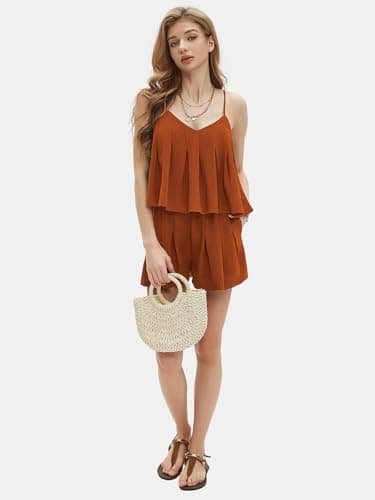 EXLURA Womens Summer Romper Dress 2025 V Neck Spaghetti Strap Pleated Shorts Jumpsuit Beach Vacation Outfits with Pockets - Image 4