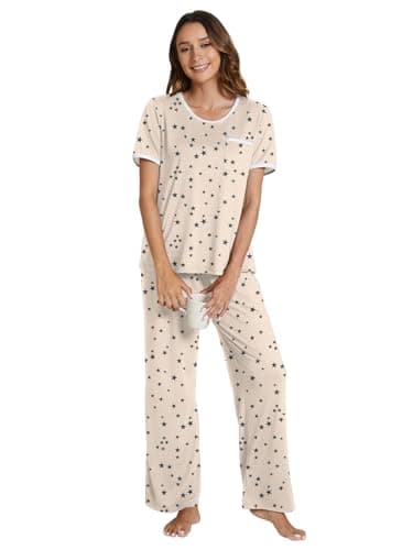 POKWAI 2024 Womens Pajama Sets Short Sleeve Top with Pants Soft Pj Women Pajamas Summer Pajamas for Women(Black Star Beige,Large) - Image 2