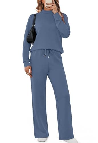 SAMPEEL Womens Fall Fashion 2025 Workout Sets for Women Lounge Sets Two Piece Outfits Casual 2 Piece Sweatsuits Sweatpants Winter Clothing Mock Neck Sweat Set Loungewear Matching Sets Dusty Blue M - Image 2