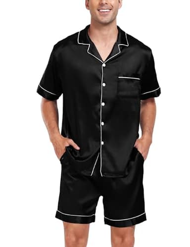 SWOMOG Men Satin Silk Pajamas Sets Short Sleeve Sleepwear Button-Down PJs Sets Two-Pieces Loungewear with Pockets Black - Image 3