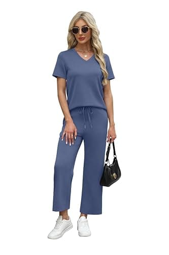 WIHOLL Summer Outfits For Women 2 Piece Lounge Matching Sets Workout Sets Spring Essentials Clothing Cruise Vacation Outfits Pajama Pants Activewear Blue L - Image 3