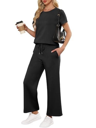 ANRABESS Women 2 Piece Lounge Sets Summer Travel Sweat Outfits Short Sleeve Wide Leg Casual Matching Tracksuits Clothes Black XX-Large - Image 1