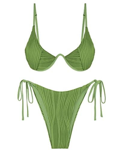 ZAFUL Womens Bikini Sets Ribbed Sexy Two Piece Swimsuit Cheeky High Cut String Bathing Suit Green S - Image 1