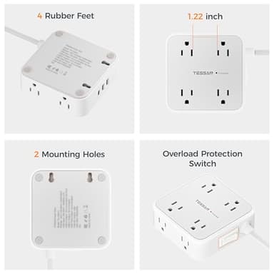 TESSAN Surge Protector Power Strip, 5 Ft Flat Plug Extension Cord with 3 USB (1 USB C) 8 Outlets, 900J Surge Protection, 3 Sided Outlet Extender with Power Switch for Office, Dorm Room Essentials - Image 7