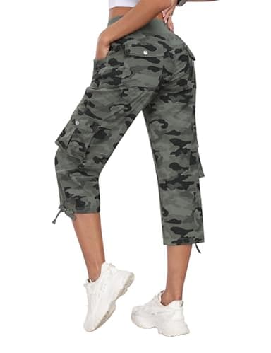 MoFiz Womens Capris Summer Cargo Shorts Lightweight Quick Dry Athletic Casual Travel Loose Ladies Outdoor Hiking Pants Pockets Camouflage Green XS - Image 1