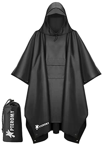 PTEROMY Hooded Rain Poncho for Adult with Pocket, Waterproof Lightweight Unisex Raincoat for Hiking Camping Emergency (Black) - Image 1