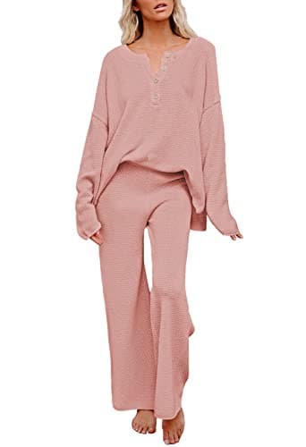 Pink Queen Women's 2 Piece Knit Sweatsuit Oversized Loose Knit Sweater Matching Loungewear Set Pink M - Image 1