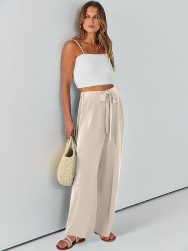 Caracilia Women Wide Leg Palazzo Pants Summer High Waist Flowy Casual Trousers Loose Lounge Beach Travel Vacation Clothes Apricot Medium - Image 8