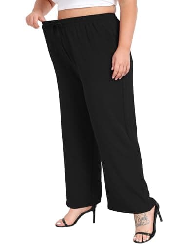 Lastshe Women's Plus Size Wide Leg Pants Summer Stretchy Drawstring Waistband Comfortable Fit Casual Trousers Pants with Pockets,Black,2X - Image 3