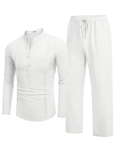 COOFANDY Men's White Linen Pants and Shirt Set Casual Beach Yoga Outfits 2 Piece Cotton Linen Henley Shirts Loose Pants Sets - Image 7