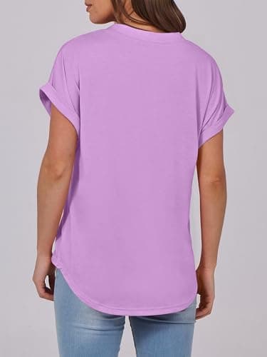 ANRABESS Womens Short Sleeve Henley Tops V Neck Dressy Casual Loose Fit Shirts Summer Flowy Blouses 2025 Trendy Clothes Light Purple Medium - Image 5