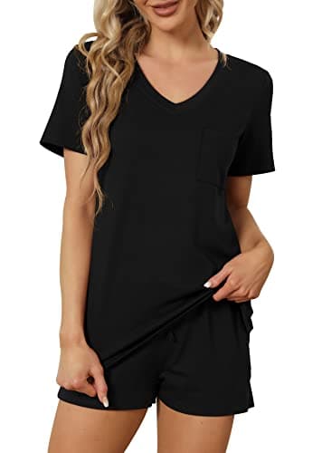 RUBZOOF Women's Short Sleeve 2 Piece Pajama Sets V-Neck Casual Summer Lounge Sets Black S - Image 3