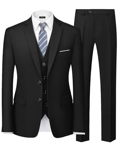 MY'S Men's 3 Piece Slim Fit Suit Set with Tie, 2 Button Blazer Jacket Vest & Pants, Business Wedding Party Prom Suit for Men, Black Medium - Image 1