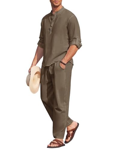 COOFANDY Men's 2 Pieces Cotton Linen Set Long Sleeve Henley Shirts Casual Beach Pants With Pockets Summer Yoga Outfits - Image 1