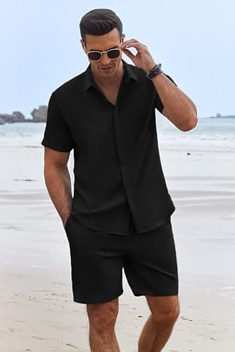 COOFANDY Mens Summer Set 2 Piece Linen Outfit for Men Short Sets, Black, Large - Image 3