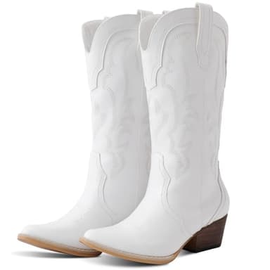RLW Cowboy Boots for Women Cowgirl Boots Classic Knee-High Western Boots Pointy Toe with Comfortable Chunky Heel, White 9 - Image 1