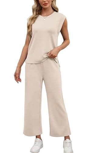 OFEEFAN Two Piece Sets for Women Summer Luxury Women Fahsion Lounge Set Cruise Airport Going Out Outfits Trendy Cap Sleeve Wide Leg Beige S - Image 5