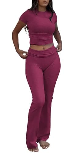 YETOWA Women's 2 Piece Lounge Outfits with Slim Short Sleeve Tops and Low Rise Flare Leggings Sets Versatile Yoga Fall Sweatsuit - Image 1