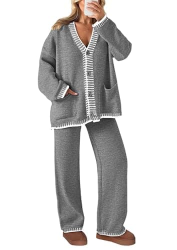 PRETTYGARDEN Lounge Sets for Women Fall 2025 Loungewear 2 Piece Outfits Cardigan Sweaters Track Suit Matching Winter Clothing (Grey,Large) - Image 1