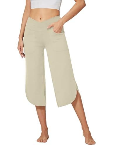 G4Free Comfy Loose Wide Leg Cropped Dress Casual Yoga Pants for Business Lounge Workout with Pockets(Apricot,XL,21") - Image 1
