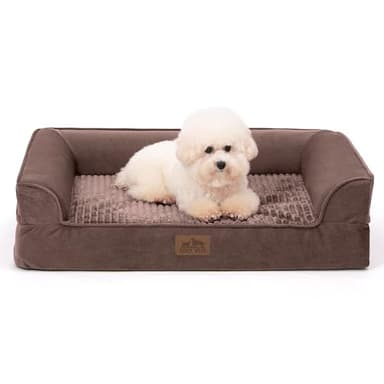 COZY KISS Orthopedic Dog Beds for Medium Size Dog, Pet Couch for Dog Cat, Supportive Foam Bolster Sofa with Waterproof Lining Cover, Anti-Slip, Comfort, Washable, 30x20x7.5 in, U Shape, Brown - Image 1