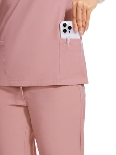 COZYFIT Women's Scrubs Set - Stretch V-Neck Top & Jogger Pant with 8 Pockets, Yoga Waistband, Anti Wrinkle, Slim Fit - Pink, S - Image 5