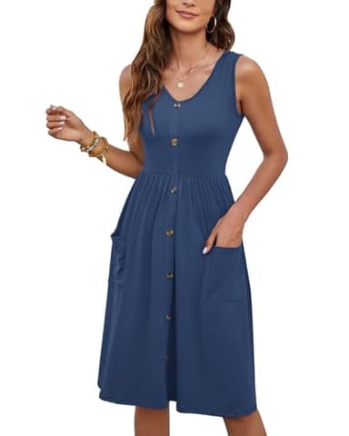 MOLERANI Women Summer Dresses Sleeveless Casual Loose Swing Button Down Midi Dress with Pockets(Navy Blue,L) - Image 5