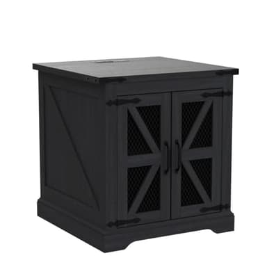 JXQTLINGMU Farmhouse End Table, 24" Large Sofa Side Table with Charging Station, Mesh Barn Door, and Adjustable Storage Shelf, Rustic Wood Square Nightstand for Living Room, Bedroom, Office, Black - Image 5