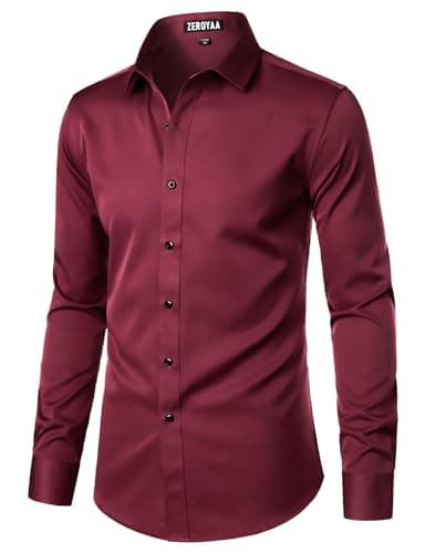 ZEROYAA Men's Long Sleeve Dress Shirt Fitted Wrinkle-Free Casual Business Button Up Shirts ZSSCL07-Burgundy Medium - Image 2