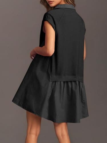 Fisoew Womens Summer Sweatshirts Dresses Short Sleeve V Neck Casual Oversized Patchwork Mini Dresses Black - Image 3