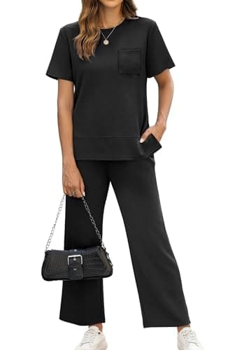 OFEEFAN Lounge Set for Women Two Piece Summer Outfits Loose Travel Short Sleeve Track Suit Wide Leg Loungewear Capri Pants Matching Clothing Set Cruise Wear Women's Airport Vacation Clothes Black XL - Image 2