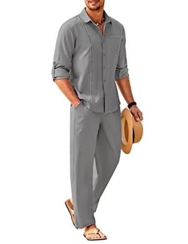 COOFANDY Men's 2 Piece Linen Sets Casual Long Sleeve Button Down Cuban Shirt and Loose Pants Set Beach Vacation Outfits - Image 1