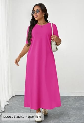 MEROKEETY Women's 2025 Summer Maxi Dress Casual Short Sleeve Beach Vacation Crewneck Basic Long T Shirt Dresses, Rose, Medium - Image 4