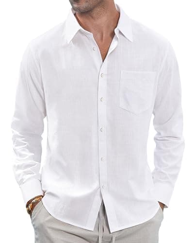 J.VER Men's Lightweight Linen Long Sleeve Shirts Casual Button Down Shirt Family Vacation Shirt with Pocket White Medium - Image 1