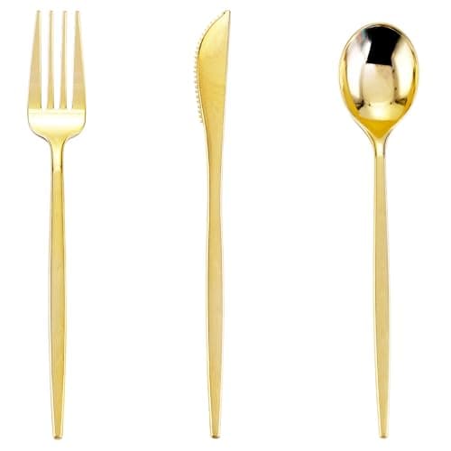 PULOTE 150PCS Gold Plastic Silverware Disposable - Heavy Duty Gold Plastic Cutlery - Gold Plastic Utensils Set Include 50 Knives,50 Forks,50 Spoons for Party&Wedding - Image 1