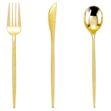 PULOTE 150PCS Gold Plastic Silverware Disposable - Heavy Duty Gold Plastic Cutlery - Gold Plastic Utensils Set Include 50 Knives,50 Forks,50 Spoons for Party&Wedding - Image 1