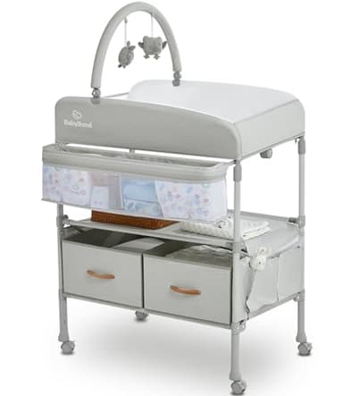 BabyBond Portable Baby Changing Table with 2 Storage Baskets, Foldable Changing Table Dresser Waterproof Diaper Changing Table Height Adjustable Changing Station for Infant and Newborn(Beige) - Image 1