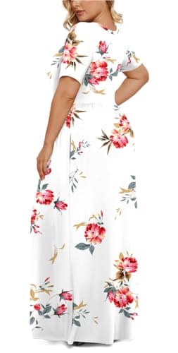 LONGYUAN Women's Short Sleeve Plus Size Swing Dress Maxi Long Wedding Dresses with Pockets Fl, 6XL Floral White - Image 3