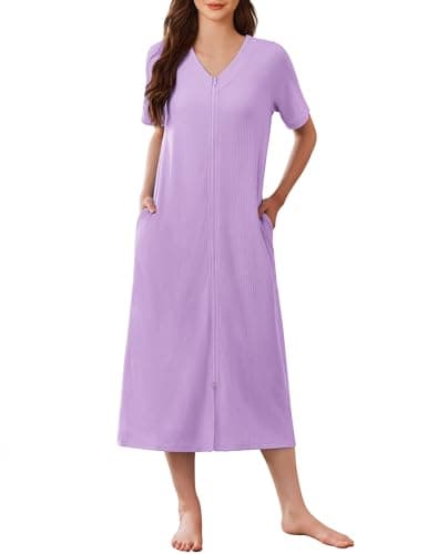 Ekouaer Zip Up Robe for Women Long Housecoat Waffle Knit Bathrobes Cozy Full Length Nightgown with Pockets(Lavender, Medium) - Image 1
