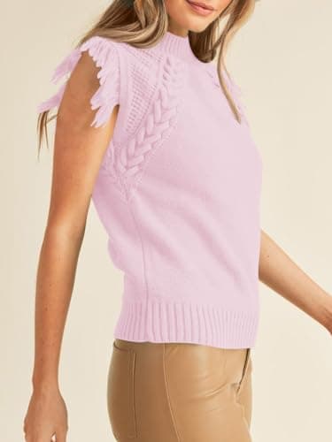 Saodimallsu Womens Mock Neck Sleeveless Sweater Vest Cable Knit Fringe Cap Sleeve Boho Trendy Pullover Tank Tops Pink - Image 3
