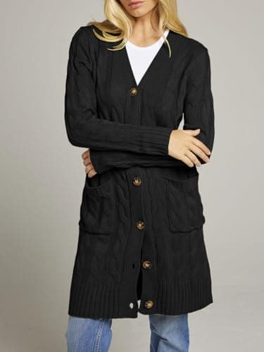 MEROKEETY Women's 2025 Long Sleeve Cardigan Sweater Fall Winter Cable Knit Open Front Button Long Outerwear, Black, L - Image 6