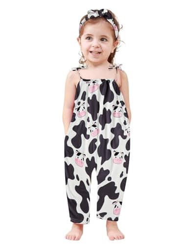 Lindanina Toddler Baby Girls Romper Cartoon Cow Sleeveless Jumpsuit Summer Cute Clothes Adjustable Tie-Up Strap 12-24 Months Infant One Piece Soft Casual Outfits with Pocket Headband Daily Wear - Image 1