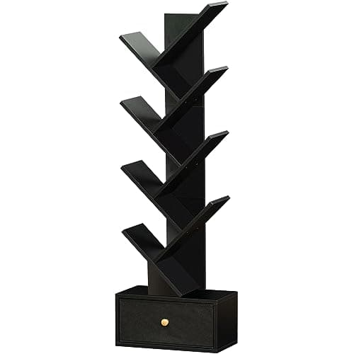 SHEEPAM 8 Tier Tree Bookshelf with Drawer, Free Standing Wood Bookcase for Living Room, Bedroom, Home Office, Space Saving Storage Organizer Bookshelves for Books, CDs, Vinyl Records- Black - Image 1