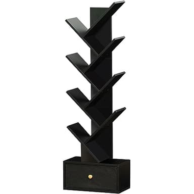 SHEEPAM 8 Tier Tree Bookshelf with Drawer, Free Standing Wood Bookcase for Living Room, Bedroom, Home Office, Space Saving Storage Organizer Bookshelves for Books, CDs, Vinyl Records- Black - Image 1