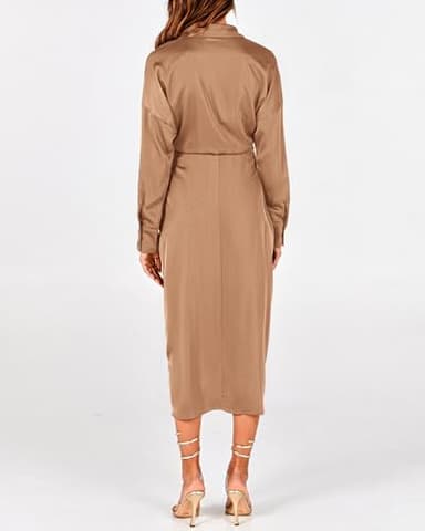 BTFBM Maxi Dresses for Women Fall 2025 Long Sleeve Lapel Neck Button Down Elegant Satin Belted Ruched Summer Shirt Dress(Light Khaki, Large) - Image 6