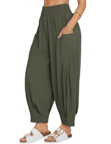 TARSE Women Linen Pants 2025 Summer Casual Loose Boho Wide Leg High Waisted Harem Pant with Pockets, ArmyGreen, L - Image 1
