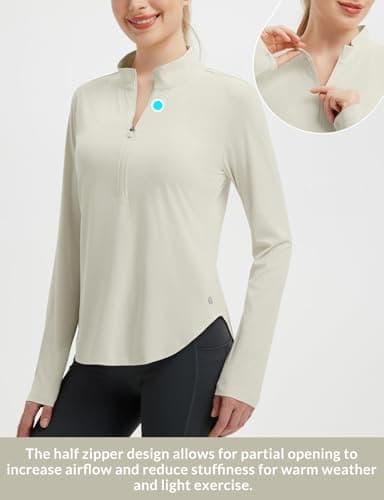 baleaf Women's Rash Guard for Women Sun Shirts UV Protection Half Zip UPF50+ Lightweight Clothing Quick Dry Hiking Top Raw Linen L - Image 4